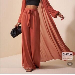 Rust Orange Chiffon Wide Leg Pants and Duster Set.